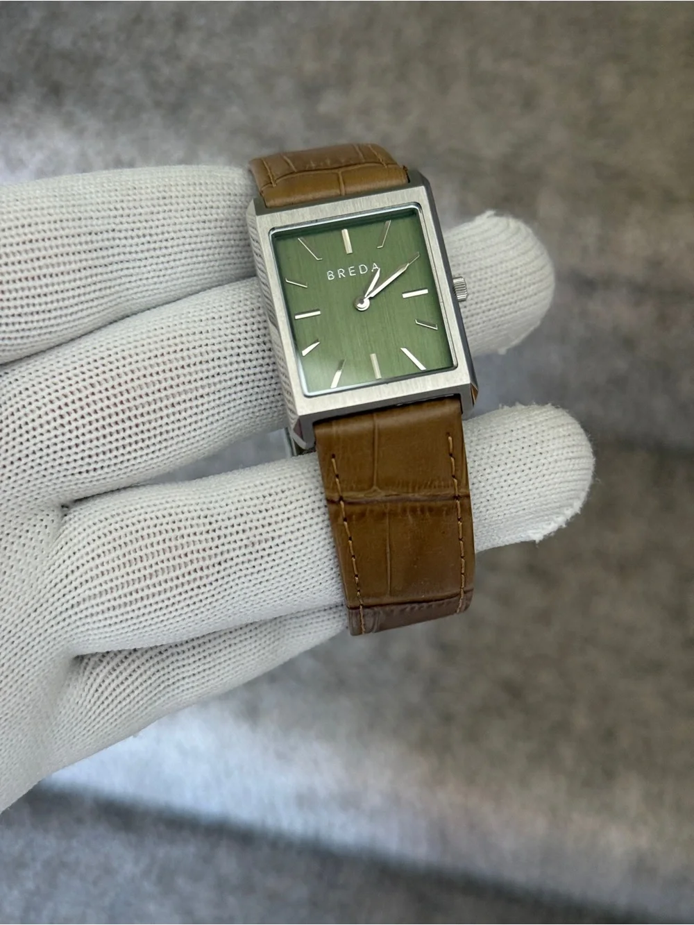Breda Tank Watch Unisex 26mm w/ Brown Leather Band and Green Face
